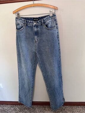 PrettyLittleThing Mid Blue Wash Split Hem Straight Leg Jeans UK 12 US 8 NEW